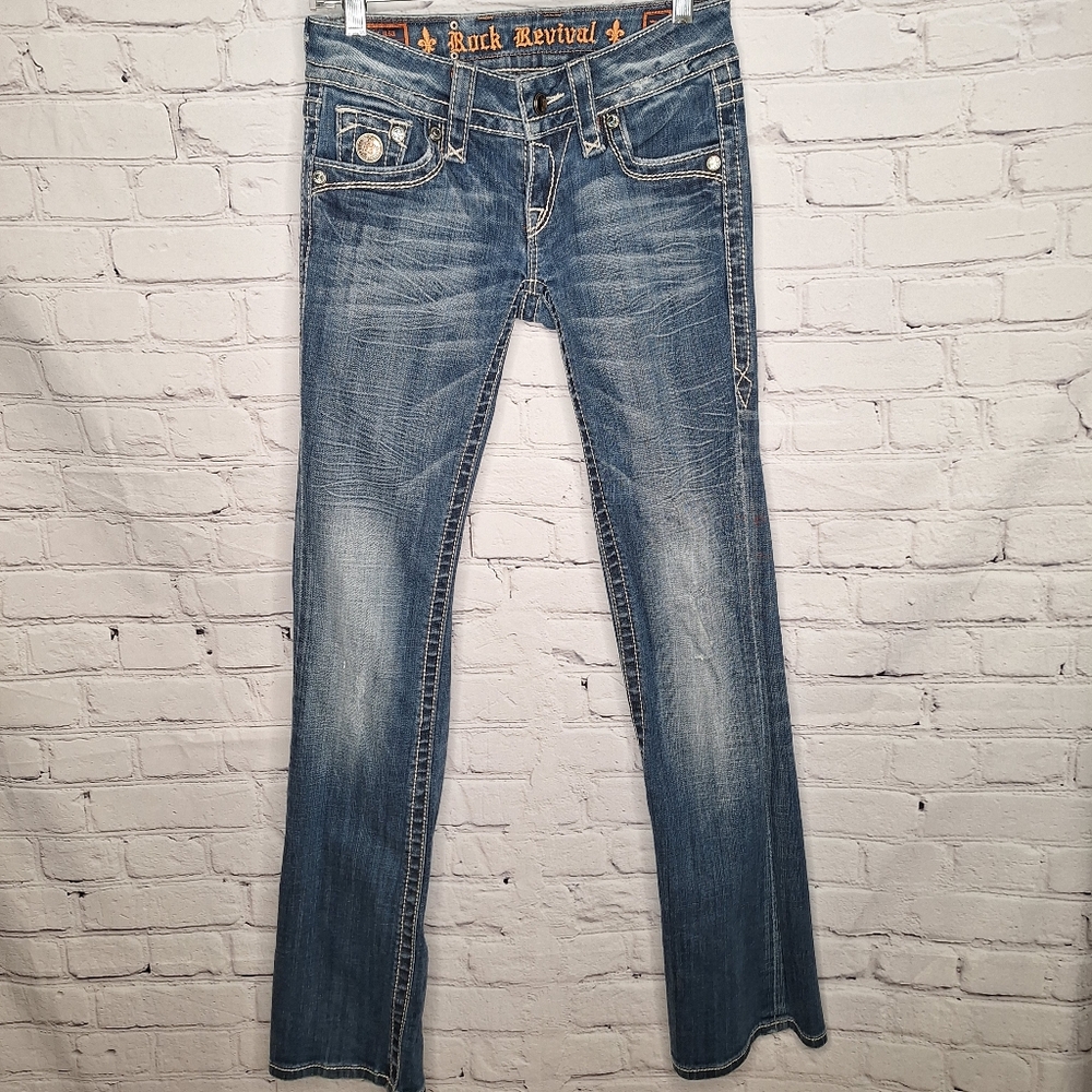 Rock Revival Celine Bootcut Stretch Distressed Flap Pocket 90s Jeans Sz 25